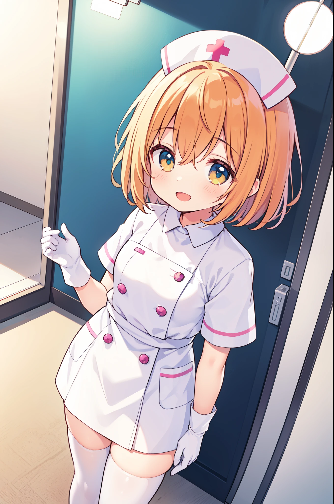 1girl, solo, nurse, nurse cap, white nurse uniform, ((white legwear, zettai ryouiki)), white gloves, very short hair, orange hair, smile, open mouth, standing, ((hospital room)), sharp outline, short sleeves, tomboy, boyish, best quality, masterpiece