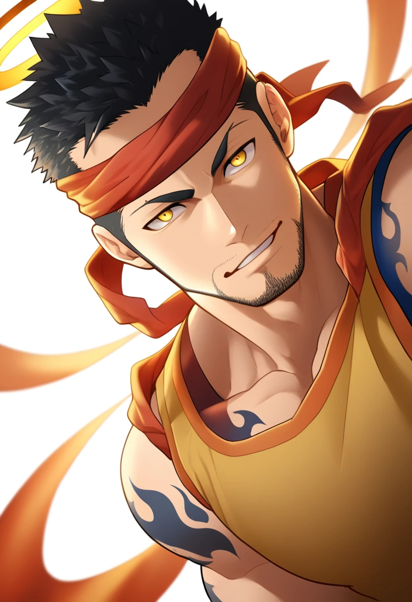 anime characters：Gyee, priapus, 1 young muscular man, male focus, Flame tattoo, sports Red headband, Dark Yellow spandex tight tank top, Very tight, muscular male, muscular, only, Upper body, alone, Black short hair, Thick eyebrows, stubble, Yellow eyes, White background, simple background, amazing quality, best aesthetics, Ridiculous, bright pupils, crew cut, naughty face, torogao, parted lips, halo, god rays, best quality