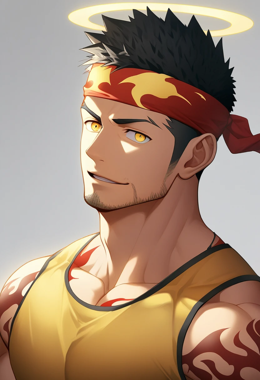 anime characters：Gyee, priapus, 1 young muscular man, male focus, Flame tattoo, sports Red headband, Dark Yellow spandex tight tank top, Very tight, muscular male, muscular, only, Upper body, alone, Black short hair, Thick eyebrows, stubble, Yellow eyes, White background, simple background, amazing quality, best aesthetics, Ridiculous, bright pupils, crew cut, naughty face, torogao, parted lips, halo, god rays, best quality