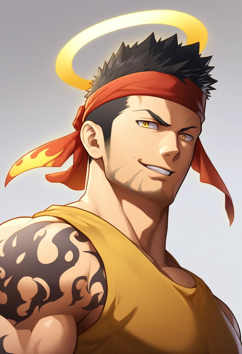 anime characters:Gyee, priapus, 1 young muscular man, male focus, Flame tattoo, sports Red headband, Dark Yellow spandex tight tank top, Very tight, muscular male, muscular, only, Upper body, alone, Black short hair, Thick eyebrows, stubble, Yellow eyes, White background, simple background, amazing quality, best aesthetics, Ridiculous, bright pupils, crew cut, naughty face, torogao, parted lips, halo, god rays, best quality