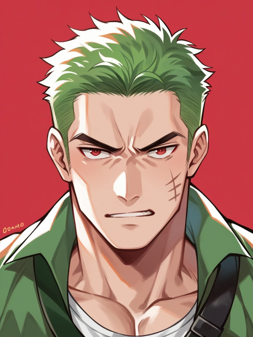 score_9, score_8_up, score_7_up, score_6_up, score_5_up, score_4_up, Roronoa Zoro, purpl3gl0w, red eyes, red background, 1boy, dark