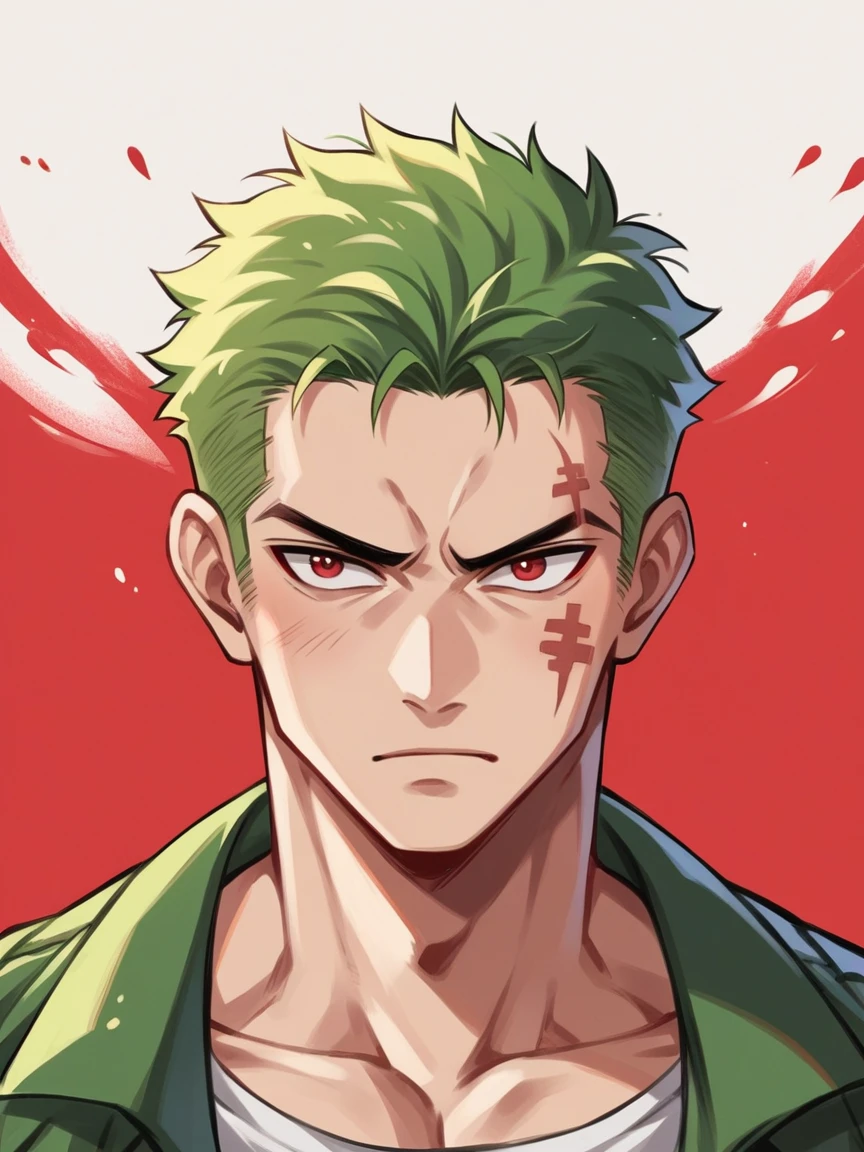 score_9, score_8_up, score_7_up, score_6_up, score_5_up, score_4_up, Roronoa Zoro,  purpl3gl0w, red eyes, red background, 1boy, dark