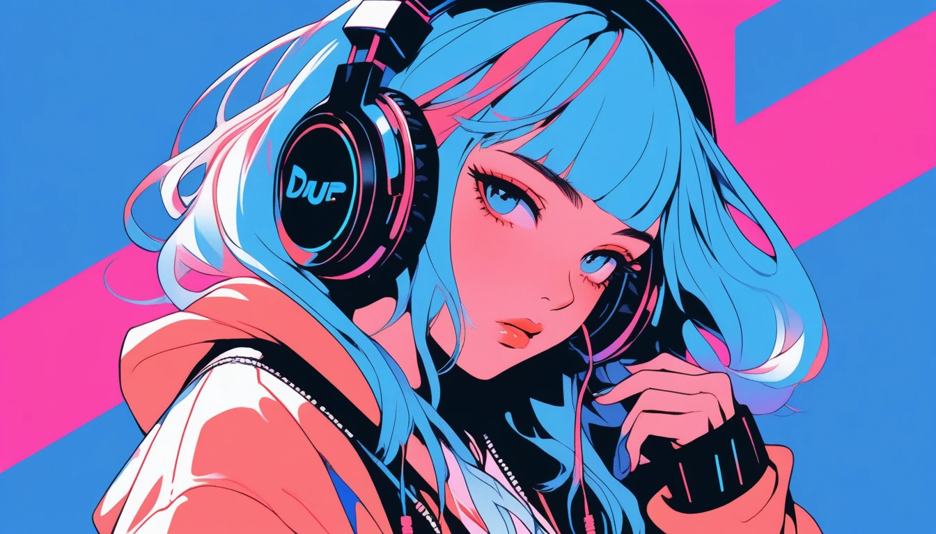 Illustrator, anime , Realistic ,sketch , 1 Girl, ,lip, hoodie,order, Blue gradient background, Neon Hair,Textured Trim, Canadian, (masterpiece,Highest quality), lofi, Battle DJ girl in HIPHOP fashion wearing DJ headphones,Upper Body