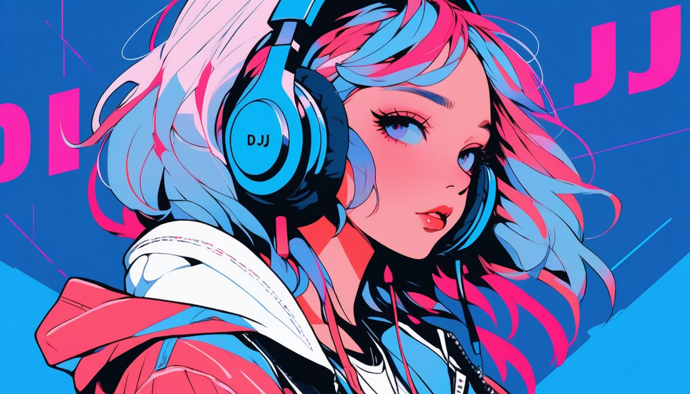 Illustrator, anime , Realistic ,sketch , 1 Girl, ,lip, hoodie,order, Blue gradient background, Neon Hair,Textured Trim, Canadian, (masterpiece,Highest quality), lofi, Battle DJ girl in HIPHOP fashion wearing DJ headphones,Upper Body