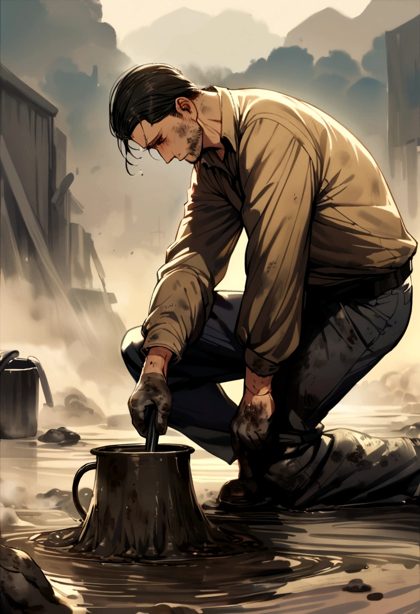 A man working hard, dirty oil, dirty with mud