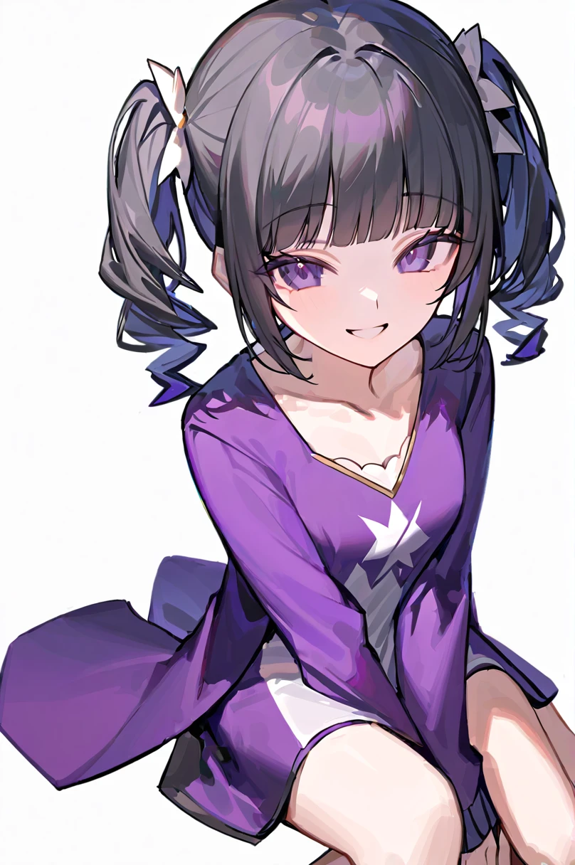 flat color, 1girl, solo, black hair, purple eyes, wariza, sitting, white background, , looking at viewer, smile, blunt bangs, looking at viewer, closed mouth, collarbone, twintails
