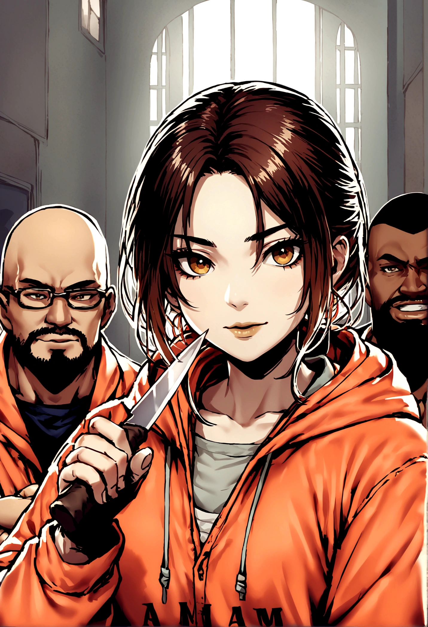 Holding a meat knife in his hand、Hooded Caucasian American figure