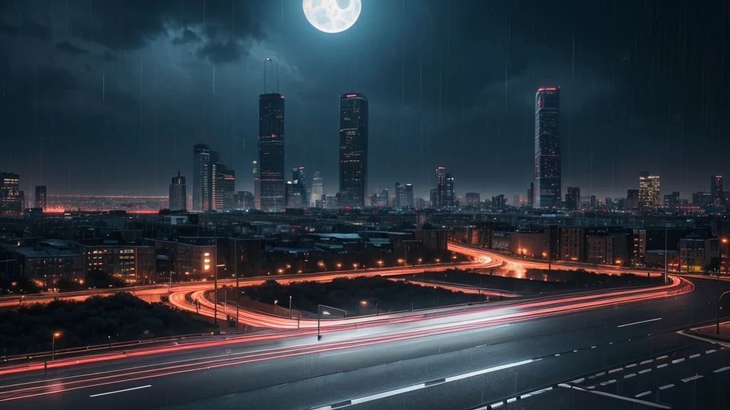 photorealistic detailed cityscape, unmanned intersection, ((no car, no peaple:1.5)), urban landscape, tall skyscrapers, neon lights, rainy weather, wet streets,, night sky, full moon, one bright star, cinematic composition, dramatic lighting, highly realistic, 4k, best quality, masterpiece