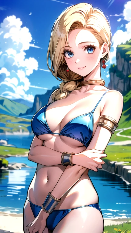 (masterpiece, Highest quality:1.2), 1 Girl, alone, One girl, Bianca, dq5, figure, Anime Style, Long Hair, Blonde, Single Blade, Over the shoulder hair, blue eyes, smile, blue bikini, jewelry, Earrings, choker, bracelet, nature, Outdoor, blue sky