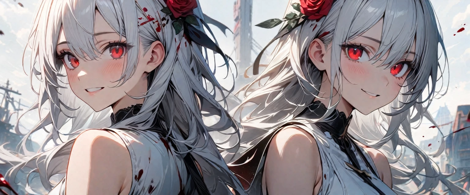 2 Young girl, long white hair, red eyes, rose in hair, smile, white dress, sleeveless,, blood, Masterpiece, best quality, Full HD, 8k, ultra details, great graphic, look viewer