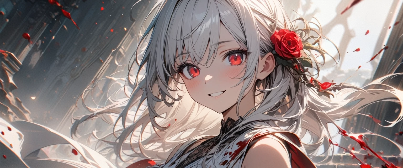 2 Young girl, long white hair, red eyes, rose in hair, smile, white dress, sleeveless,, blood, Masterpiece, best quality, Full HD, 8k, ultra details, great graphic, look viewer