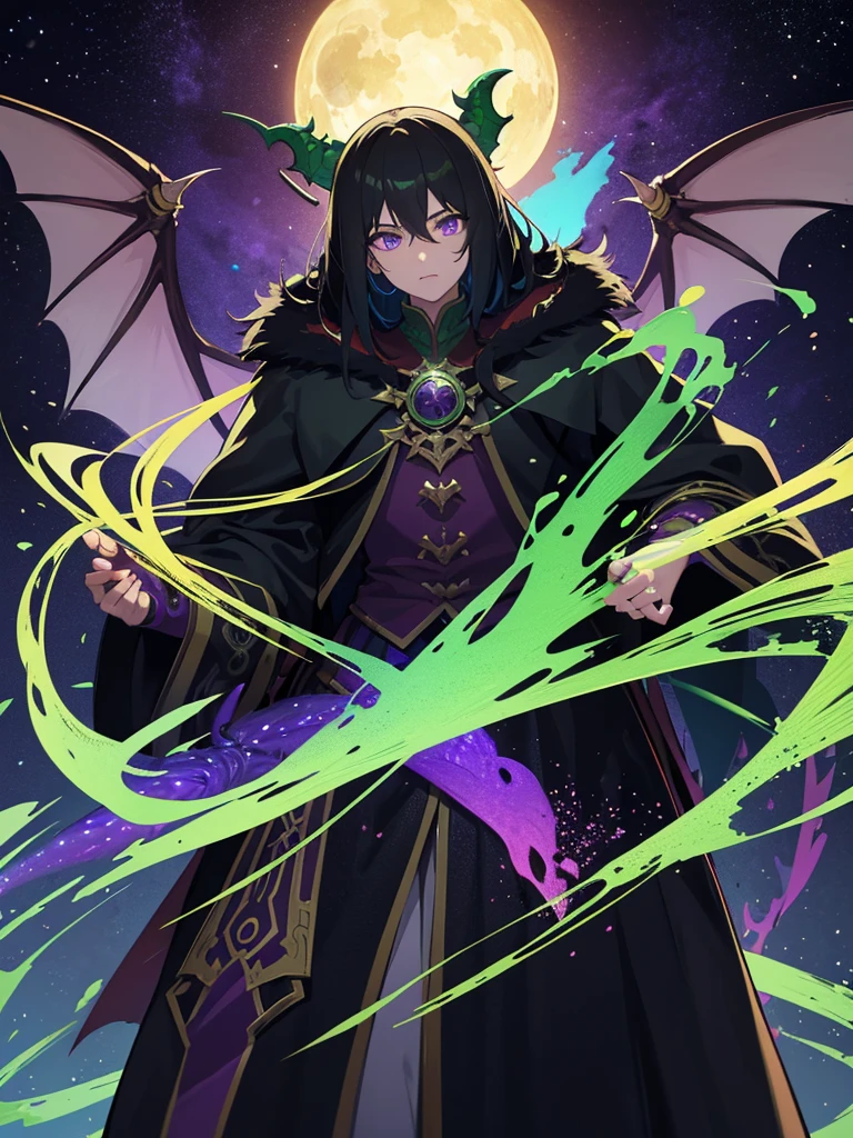 Dragon man, mage, dark fantasy, detailed green and black cosmic robe, cosmic staff, pet dragon, purple eyes