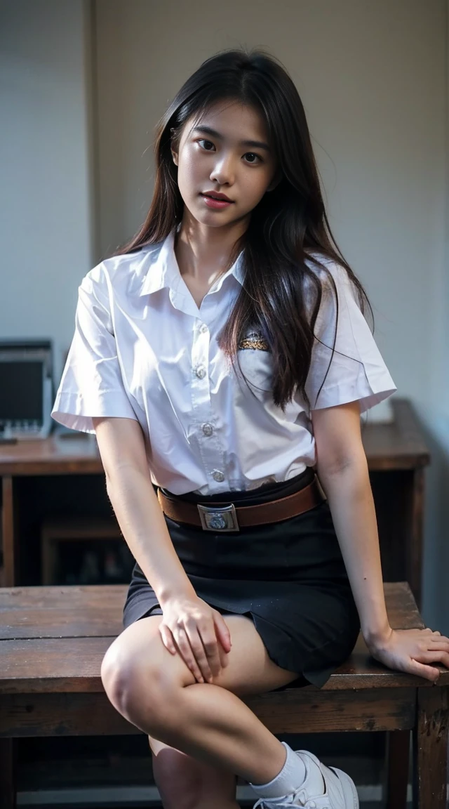 18 year old woman in Thai university uniform, white shirt, black skirt, brown belt, white sneakers, Sitting cross-legged on the table, dark background, fire goddess, high detail, realistic, cinematic scene, dynamic pose