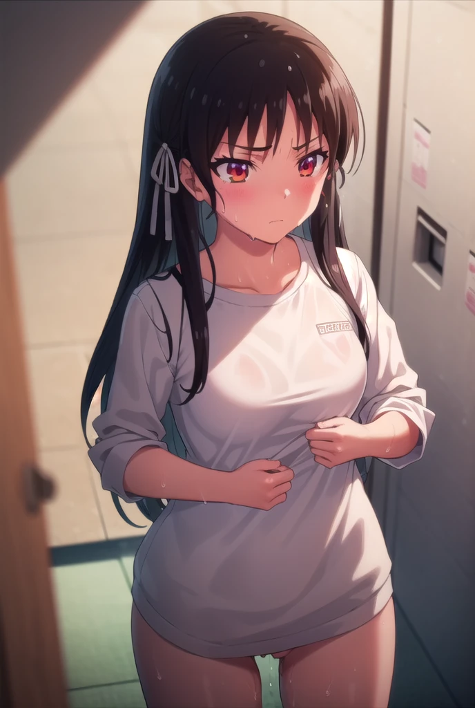 nsfw,suzune horikita, (Red eyes:1.3),locker room,cowboy shot,((from above)),Medium chest,Hair Ribbon,Upper body naked,White panties,((sweaty,Pussy line,wet))