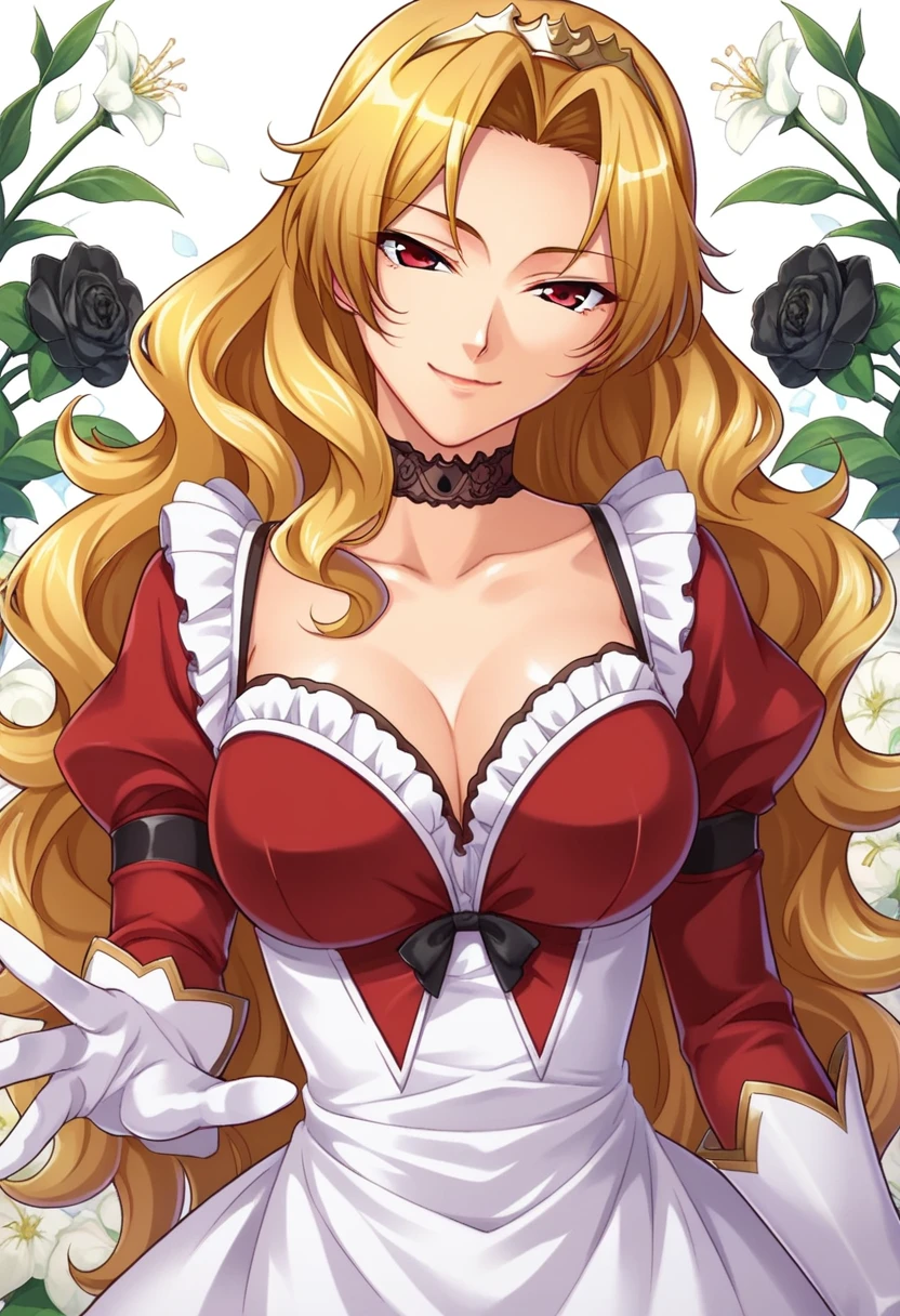 score_9, score_8_up, score_7_up, floral background, romance manhwa, 1girl, blonde hair, solo, long hair, flower, dress, tiara, white dress, gloves, long sleeves, choker, red eyes, narrowed eyes, white gloves, black bow, black flower, wavy hair, bow, jewelry, looking at viewer, white background, collarbone, puffy sleeves, silver accessories, upper body, parted bangs, very long hair, red dress, frills, bangs, closed mouth, smile, cowboy shot, dynamic pose, dynamic angle, dynamic cut