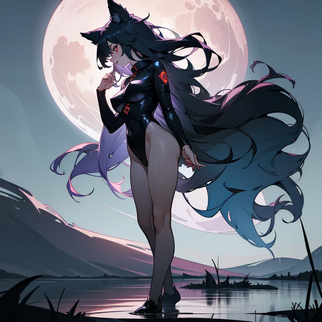 (best quality,4k,8k,highres,masterpiece:1.2),ultra-detailed,realistic,werewolf girl ,full moon,howling,menacing,sharp fangs, cute, dark forest,dense fog,ominous,spooky,furry,werewolf girl, full moon night,leaping,haunted,moonlit sky,vivid colors,moonlight streaming through trees,,moon's reflection on a lake,howls echoing through the night, girl, cute girl, werewolf girl, sexy, hot, long black hair, breasts, tall, sexy legs, wolf girl, standing, large breasts, slut, whore, up close, full body, vagina, black leotard, no sleeves,