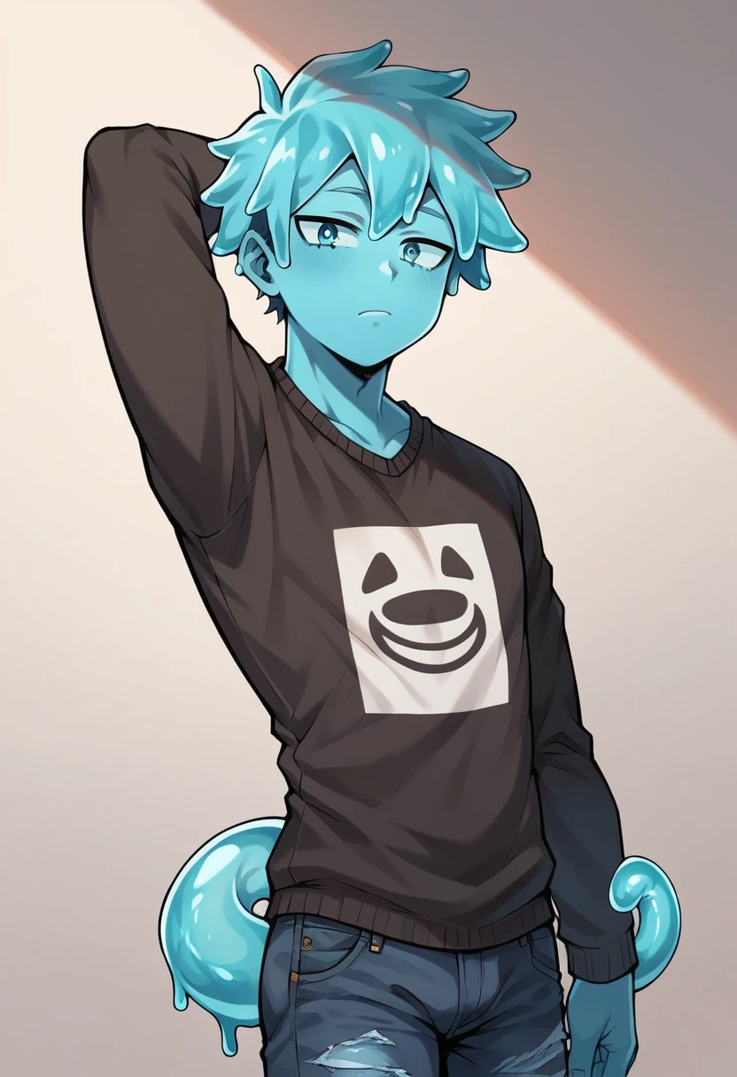 score_9, score_8_up, score_7_up, score_6_up, score_5_up, score_4_up, source_anime, 1Boy, slime Boy, Blue skin, Punk style, , Wolf cut hair, solo, slimegirlsfw, slime boy, ripped jeans, sweater, slimeboy, femboy, tentacles, school, depth of field, LUT,  medium close shot, detailed, handsome, cute slime boy. My hero academia school.