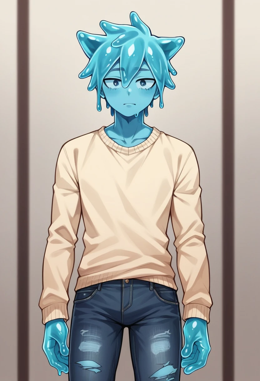 score_9, score_8_up, score_7_up, score_6_up, score_5_up, score_4_up, source_anime, 1Boy, slime Boy, Blue skin, Punk style, , Wolf cut hair, solo, slimegirlsfw, slime boy, ripped jeans, sweater, slimeboy, femboy, tentacles, school, depth of field, LUT, medium close shot, detailed, handsome, cute slime boy. My hero academia school.