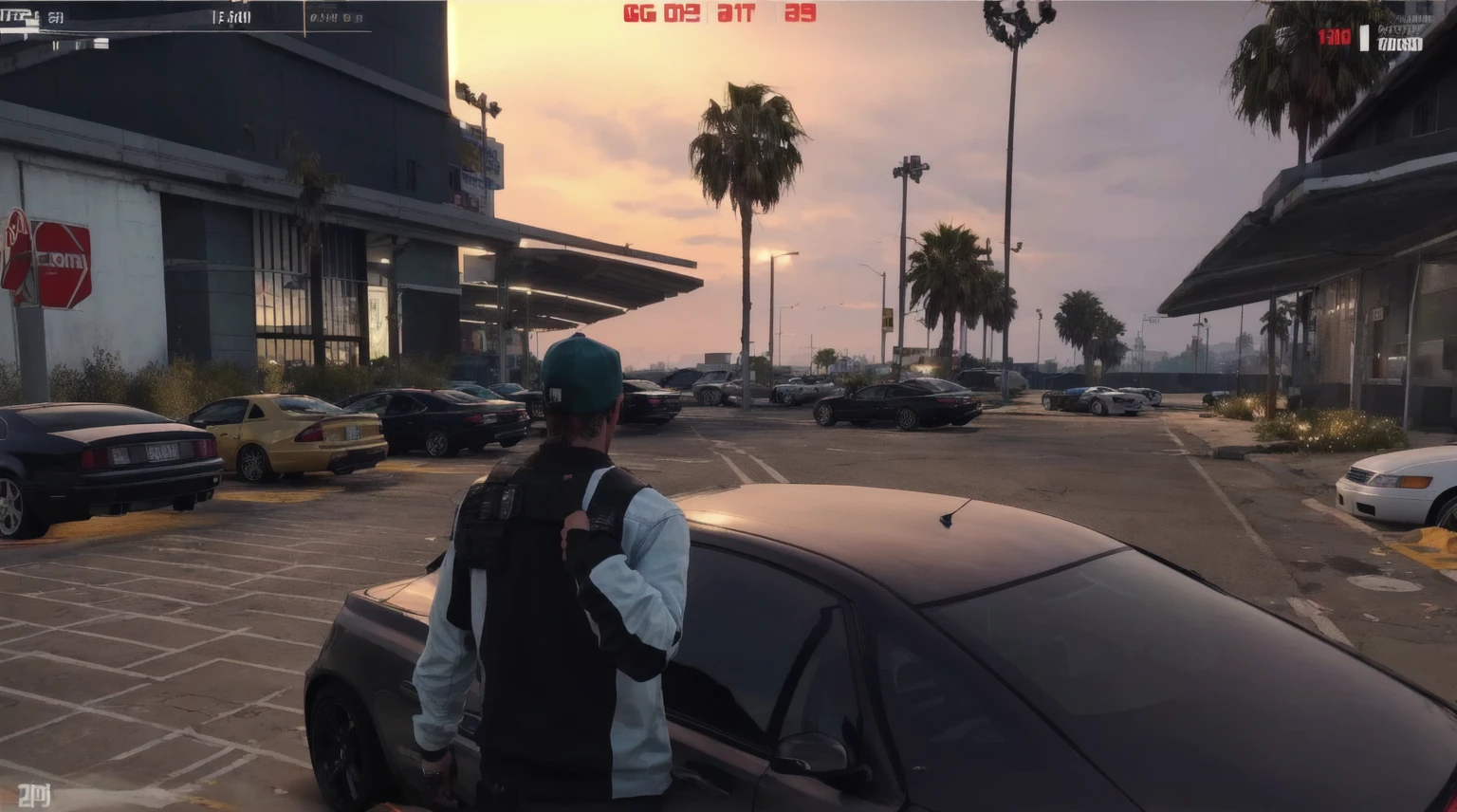 realistic, arafed image of a man standing next to a car in a parking lot, style of gta v, gta 6 style, gta v style, gta5 style, in game, in-game, in - game, gta artstyle, realism artstyle, gta v street style, grand theft auto style, gta character, fashion gameplay screenshot, style of gta v artworks, realistic