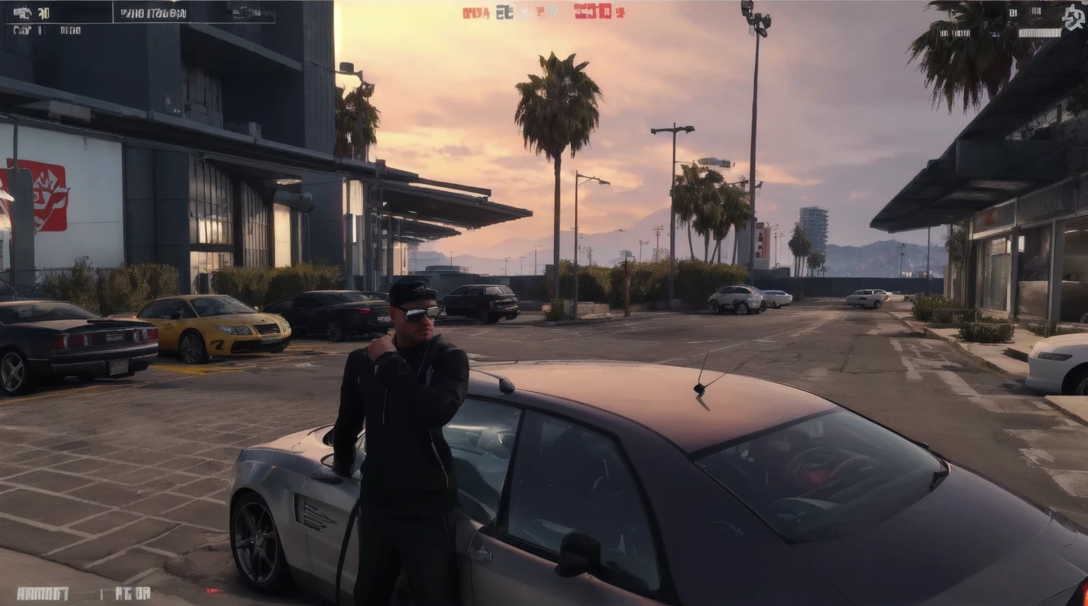 realistic, arafed image of a man standing next to a car in a parking lot, style of gta v, gta 6 style, gta v style, gta5 style, in game, in-game, in - game, gta artstyle, realism artstyle, gta v street style, grand theft auto style, gta character, fashion gameplay screenshot, style of gta v artworks, realistic