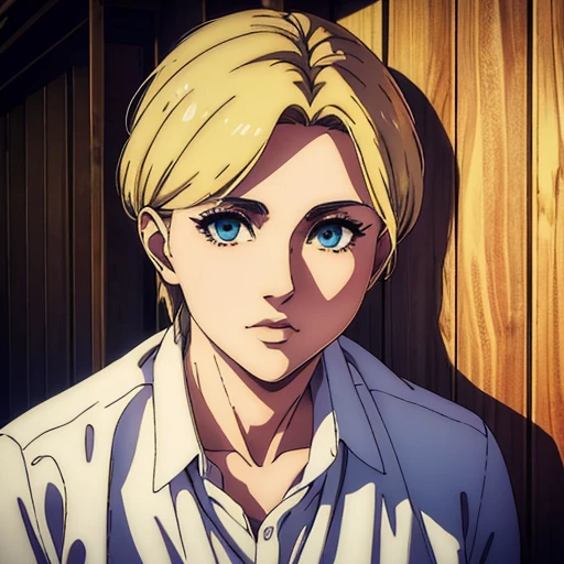 best quality,4k,8k,highres,masterpiece:1.2),ultra-detailed,(realistic,photorealistic,photo-realistic:1.37), a female character with diamond-shaped face, mappa art style, small and sharp blue almond-shaped eyes with positive canthal tilt ,  she has short hair well styled,   her hair color is blonde,  she looks beautiful, she is fair, she is wearing  white shirt  , vibrant color, behind her a cabin