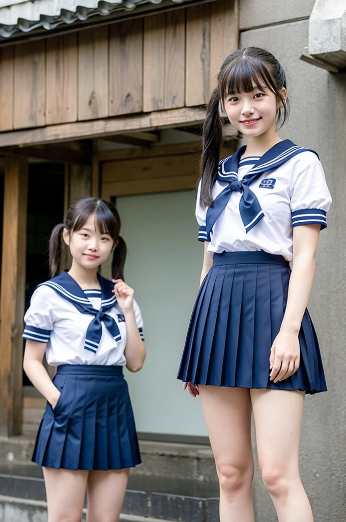girls in old-Japanese town on school trips,white sailor shirt,navy blue pleated skirt,18-year-old,bangs,a little smile,thighs,knees,short hair with low pigtails bunches,from below,front light