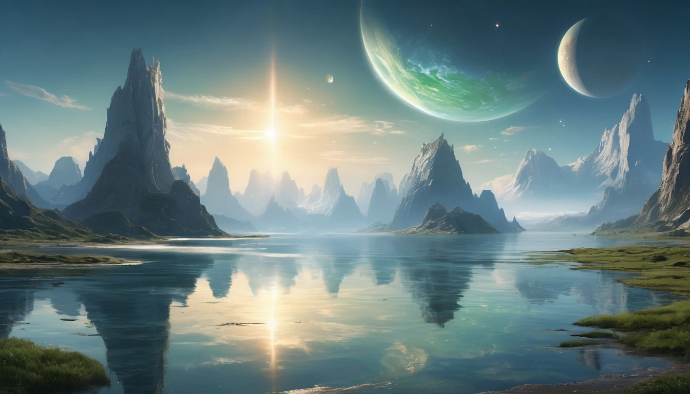 Hyper-realistic cinematic photographic patterns, lighting and ultra-detailed image. I will send a text and in this text you must analyze and suggest images to illustrate and create prompts for generating these suggested images. To create these images you must follow some parameters listed below: Divine act of formation of the habitable world, with the creation of the firmament separating the waters and preparing the ground for life. The sky is vast and clear, with a divine light shining through it. The waters below are serene and reflect the sky, symbolizing the new order and structure. Impressionist art style, with a soft color palette including blues, whites and touches of green. The image should convey a feeling of calm, balance and preparation for future life. widescreen format image with 4K resolution.