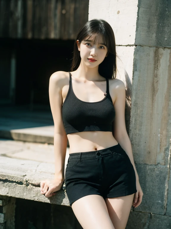 1girl, woman, masterpiece, best quality, highest quality, cinematic lighting, (volumetric lighting), extremely detailed CG unity 8k wallpaper, focused, 8k wallpaper, extremely detailed, ultra realistic, photorealistic, sharp focus, absurdres, (HDR:1.2), (high contrast), photograph, detailed and intricate, instagram, portrait, highly detailed, digital painting, artstation, concept art, smooth, sharp focus, illustration, cinematic lighting, (big breast:1.2), (((skinny, slim legs))), (idol posture), (knit strap tanktop, short pants), looking at the viewer, ((crossed arms)), ((Standing)), ((Composition shot from the thighs up:1.6))