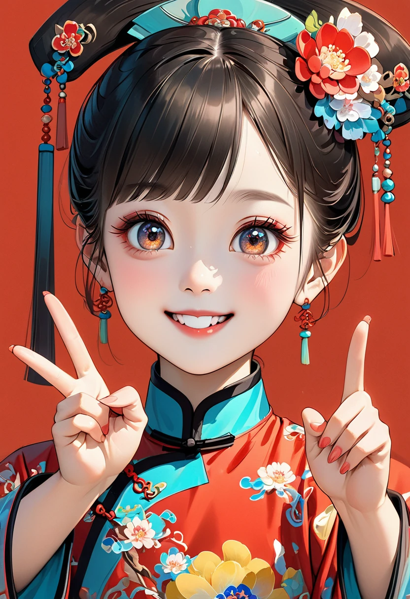 Fine brushwork,Thick coating of the board,Colored pencils,Procreate board drawing beautiful digital art,Clean lines,Beautiful Chinese Qing Dynasty ,Big bright eyes,Exquisite facial features,Smile,happy,Qing Dynasty Clothing,(((V gesture))).Bright colors,High Saturation,Red background