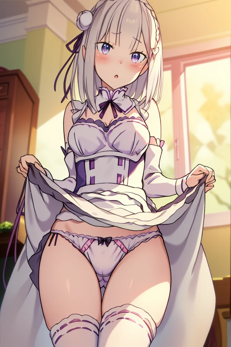 masterpiece, detailed, Absurd, High resolution, apron, black ribbon, blue eyes, blush, bow, hair ornaments, hair ribbon, Maid, Maid's headdress, Open your mouth, pink bow, throw, ribbon, clothes trimmed with ribbon, ribbon trim, roswaal Maid's uniform mansion, short hair, waist apron, Showing panties, White panties, 