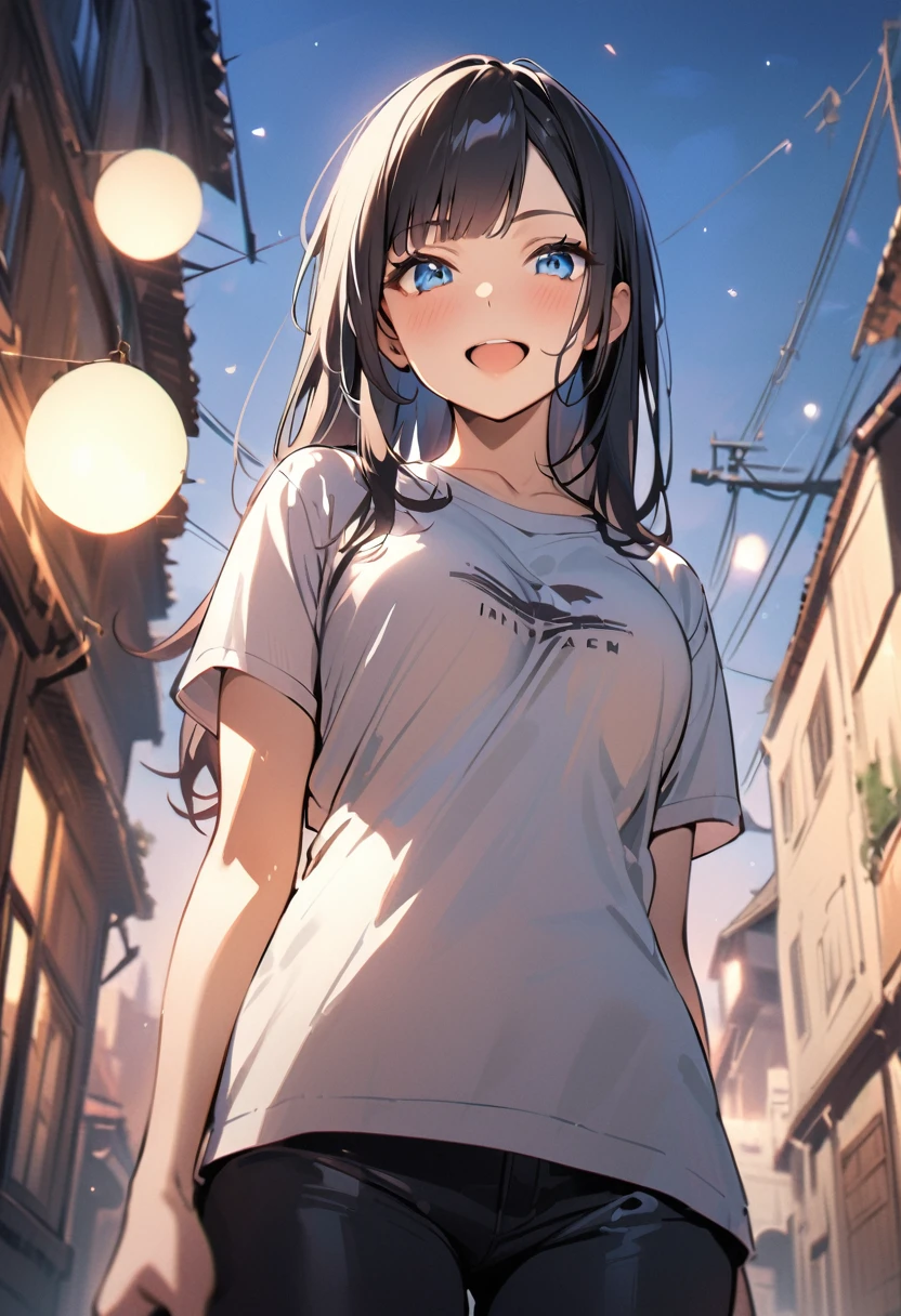 1 girl, 18 years old, long hair, black hair, straight hair, short bangs above brows, blue eyes, happy, standing,
BREAK (masterpiece), (high resolution 8K), cinematic lighting, professional lighting, detailed eyes and face, detailed body,
BREAK t-shirt, under boob,
BREAK outdoors, from below,