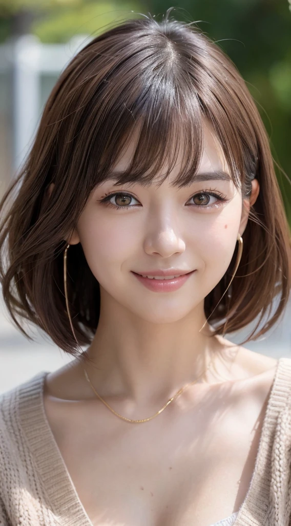 (masutepiece:1.3), High resolution, Ultra-detail, Very detailed CG Unity 8K wallpaper, Realistic, Photorealsitic, Raw photo, beautifull detailed face, pale skin, Realistic glitter skin, Detailed Cloth Texture, detailed hair texture, Beautiful face, acurate, Anatomically correct, Highly detailed facial and skin texture, Natural neck length, (Fair skin:1.2), solo、Brown hair、⦅short wavy hair⦆、With bangs、Japan Female, 19 years old、A detailed eye,harajuku、Cute realistic photos,⦅smile1.6⦆Looking at the camera、middlebreasts 、izakaya⦅Cute Smile 1.6⦆、knitted sweater、a it down and drink beer、