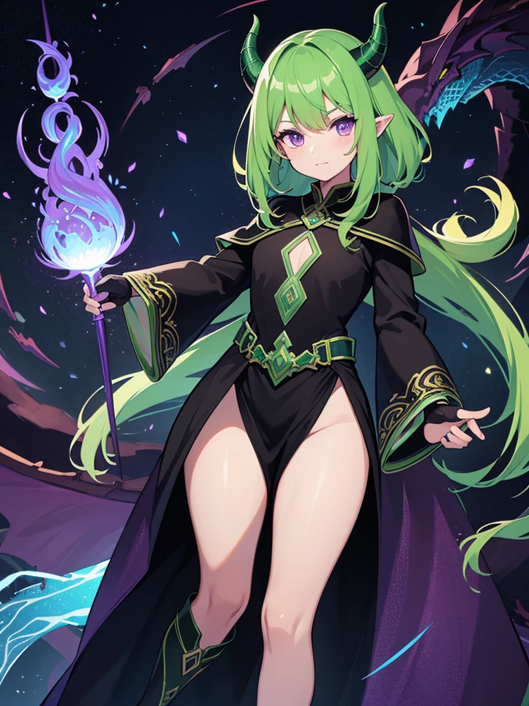Dragon man, mage, dark fantasy, detailed green and black cosmic robe, cosmic staff, pet dragon, purple eyes