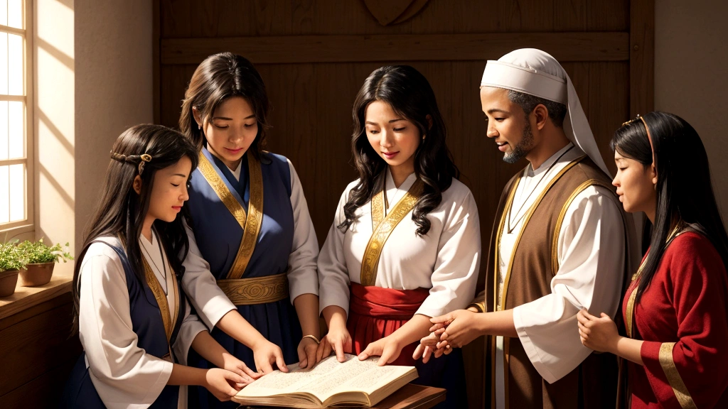 "Description: Illustrate the importance of living a righteous life inspired by biblical teachings. Show scenes of everyday life where individuals from diverse backgrounds practice compassion, justice, and faithfulness. Depict acts of kindness, community service, and prayer as expressions of living out one's faith.

Details: Use warm, inviting colors and soft lighting to convey a sense of warmth and goodness in these scenes. Include diverse characters engaging in acts of charity, teaching, or worship, symbolizing the universal call to righteousness. Show expressions of empathy, determination, and humility on their faces, reflecting the virtues upheld in biblical teachings. Emphasize the transformative impact of faith on personal conduct and community cohesion."