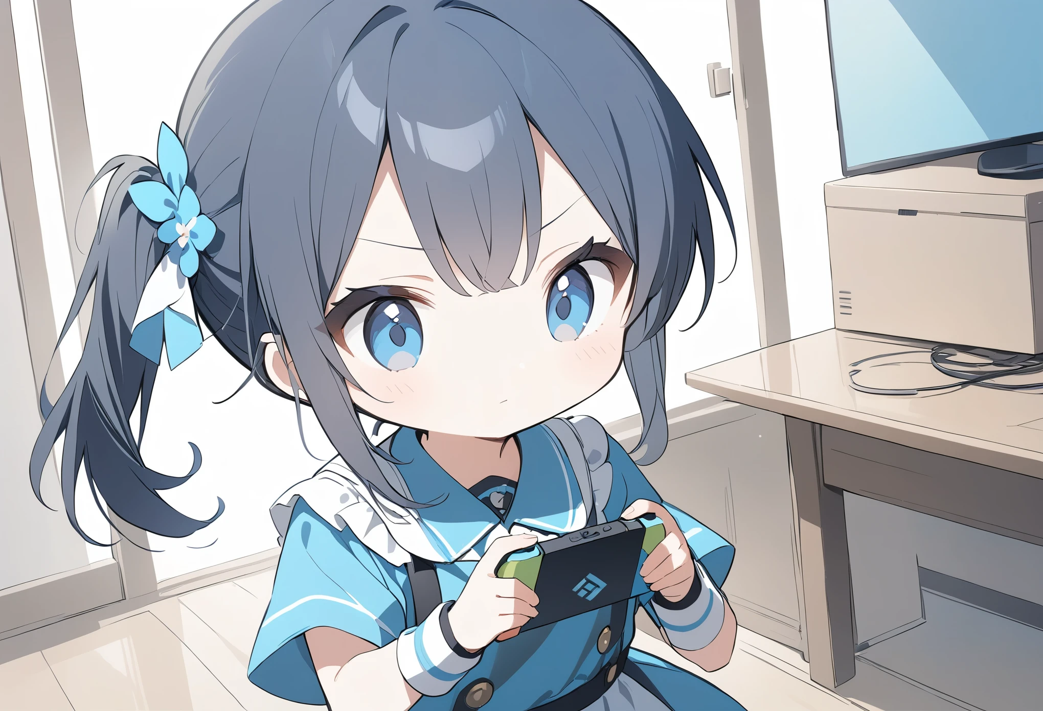 Anime Drawing,Golden Ratio,Very detailed、Very absurd、超High resolution, Attention to detail, high quality, High resolution, 最high quality, 4K, 8K,Girl playing games in room、1People Girls、cute、Anxious face,15歳