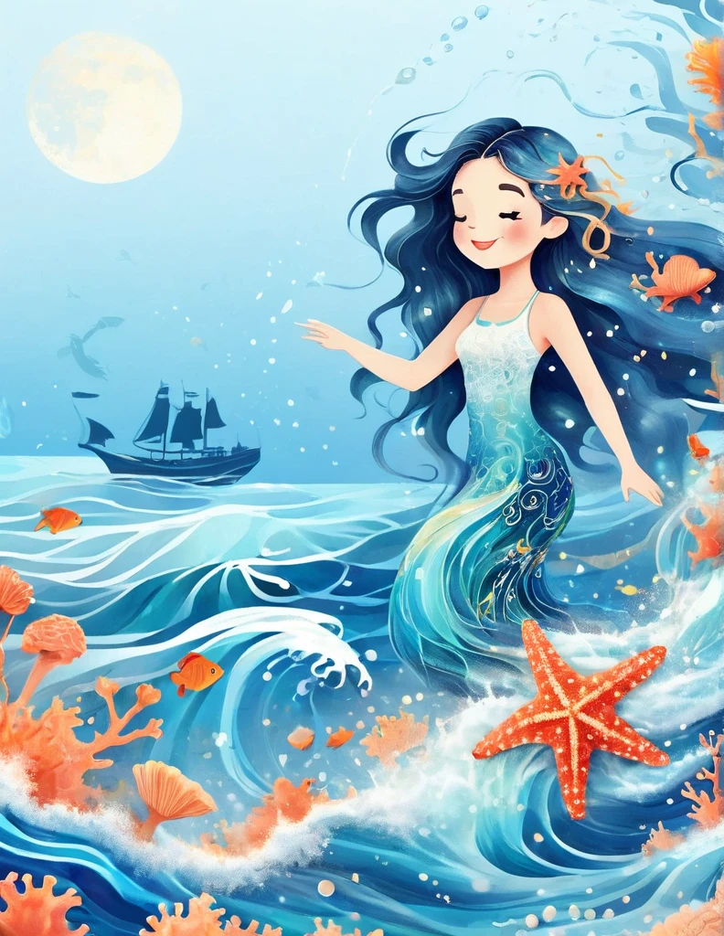 Digital illustration art, a beautiful girl dancing in the waves, extra long hair decorated with blue waves, coral, starfish, jellyfish, small fish and other funny illustrations, (full body), her hair consists of many waves and small fish, starfish, etc., the background is the sea and the blue moon, small crabs, (the background is blended with the little girl's hair), opens up to the musical charm of the fascinating ocean, white background, Chinese calligraphy's, glittering, reflective, optimal digital, 8K, high-definition, high-resolution, double-exposure, beautifully illustrated with digital