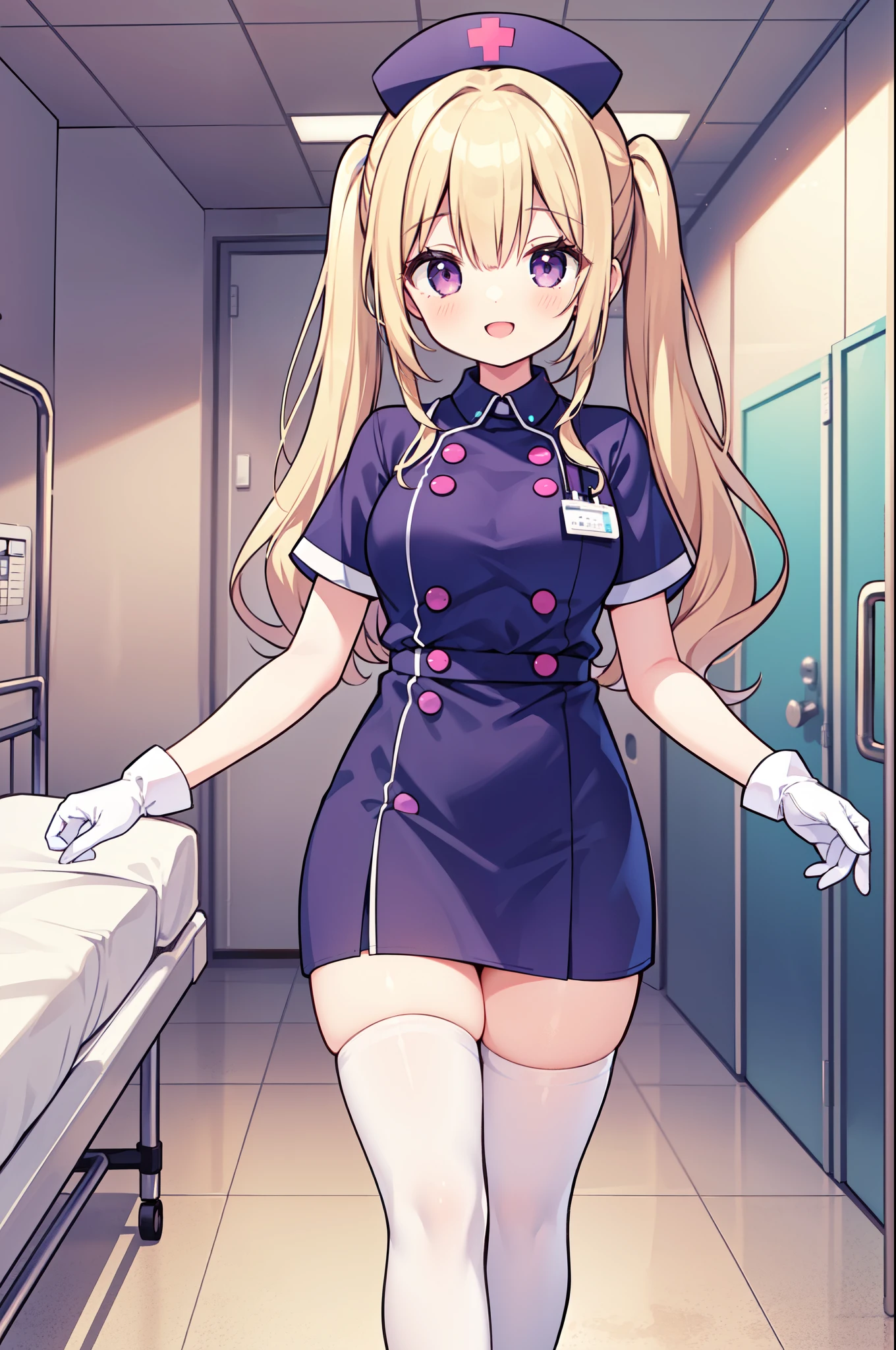 1girl, solo, nurse, nurse cap, white nurse uniform, ((white legwear, zettai ryouiki)), white gloves, twintails, yellow hair, purple eyes, smile, standing, ((hospital room)), sharp outline, short sleeves, best quality, masterpiece