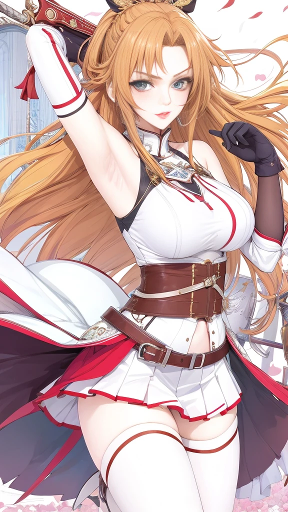 (masterpiece, best quality:1.2), 1girl, solo,mature_lady, delicate face,detail eyes,long hair, floating hair,medium breasts,floating clothes,,asuna_(sao),sword_art_online,  armor, armored_dress, armpit_peek, armpits, bare_shoulders, belt, braid, breastplate, brown_eyes, brown_hair, detached_sleeves, dress, elbow_gloves, french_braid, gloves, long_hair, miniskirt, pleated_skirt, red_skirt, skirt, sleeveless, sleeveless_dress, thighhighs, very_long_hair, white_armor, white_belt, white_dress, white_sleeves, white_thighhighs, zettai_ryouiki,in recreational machine hall