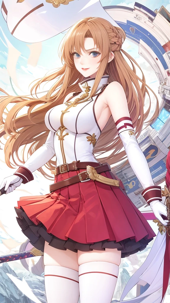 (masterpiece, best quality:1.2), 1girl, solo,mature_lady, delicate face,detail eyes,long hair, floating hair,medium breasts,floating clothes,,asuna_(sao),sword_art_online,  armor, armored_dress, armpit_peek, armpits, bare_shoulders, belt, braid, breastplate, brown_eyes, brown_hair, detached_sleeves, dress, elbow_gloves, french_braid, gloves, long_hair, miniskirt, pleated_skirt, red_skirt, skirt, sleeveless, sleeveless_dress, thighhighs, very_long_hair, white_armor, white_belt, white_dress, white_sleeves, white_thighhighs, zettai_ryouiki,in recreational machine hall