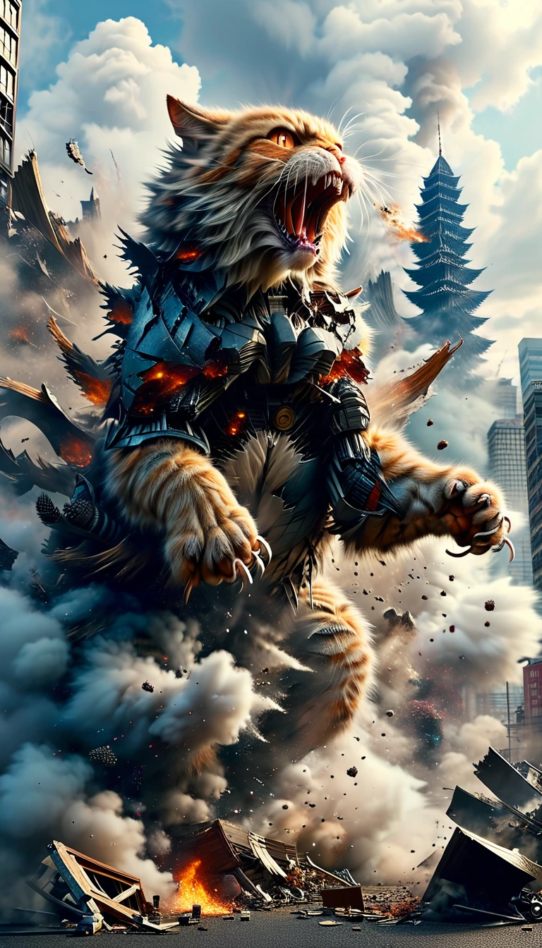 A giant cat like Godzilla is destroying the city。The giant cat is roaring。Smoke is in the background。