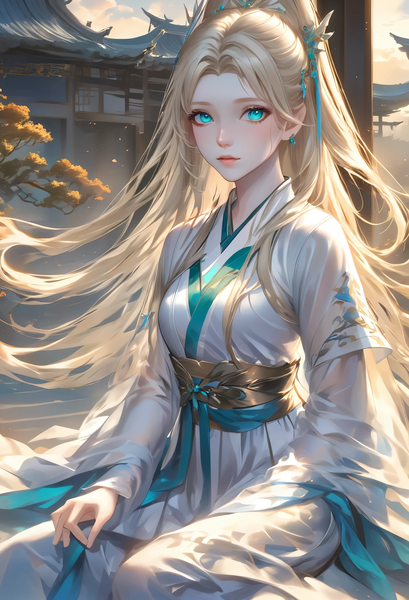 ((Highest quality)), ((masterpiece)), (detailed), ((Perfect Face)),euphilia, One Girl,Anime girl with long blonde hair and dark turquoise eyes in a white dress, Trending on cgstation, artwork in the style of Gwaiz, Gwaiz, Smooth anime CG art, detailedなデジタルアニメアート, Anime Goddess, Fantasy art style, palace ， Girl in Hanfu, Beautiful young wind spirit, Beautiful Anime Girls, ! Dream Art Germ,