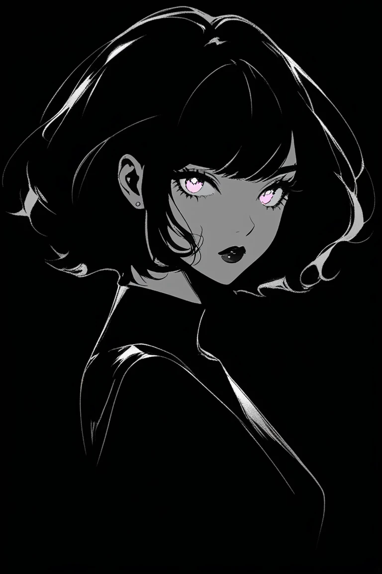 (Highest quality, sketch:1.2),Realistic,Illustrator,anime,1 Girl, Detailed lips, Black Dress,custom, (Background dark monochrome),Neon Hair,Texture Cropping, masterpiece, Style: Retro Classic, Dark Black, art, sketch book, (Shorthair Black:1.75 Neon:1.32), bad woman , Dark monochrome background, Dark fantasy