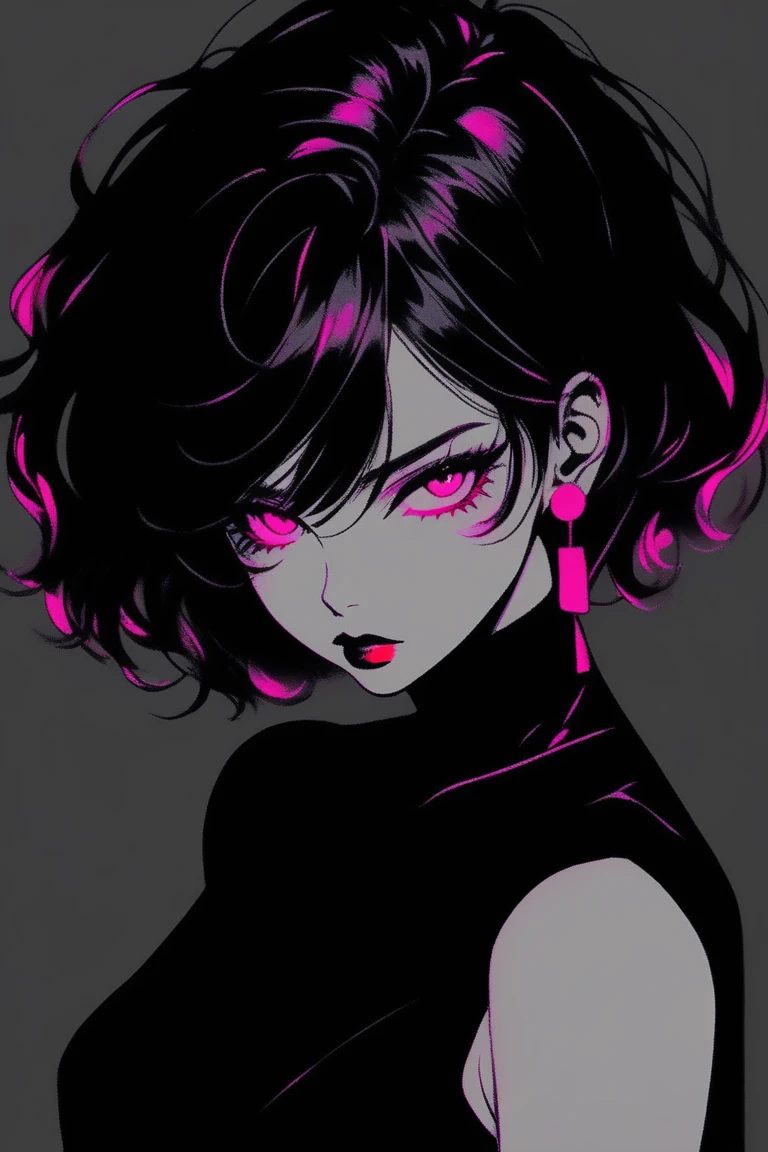 (Highest quality, sketch:1.2),Realistic,Illustrator,anime,1 Girl, Detailed lips, Black Dress,custom, (Background dark monochrome),Neon Hair,Texture Cropping, masterpiece, Style: Retro Classic, Dark Black, art, sketch book, (Shorthair Black:1.75 Neon:1.32), bad woman , Dark monochrome background, Dark fantasy 