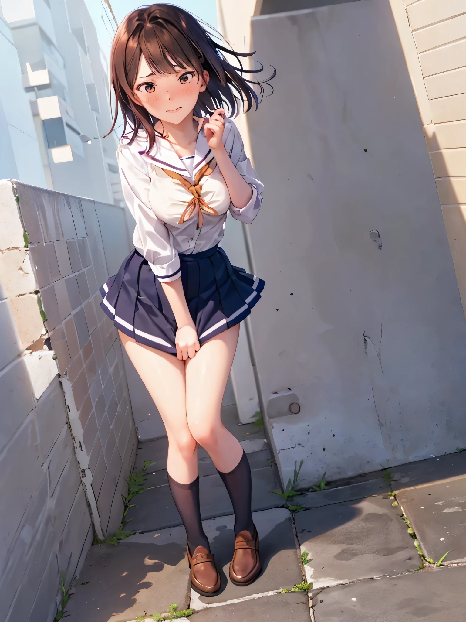 Highest quality, masterpiece, High resolution, alone, ((Perfect hands, Perfect Legs, Perfect Anatomy)), {inazuma_Kantai Collection}, brown_hair, Folded_ponytail, brown_eye, length_hair, Open_mouth, smile, School Uniforms,skirt,プリーツskirt,((Flat Chest, Small breasts)),navel,  (White panties), (In underwear), (lingerie), (Outdoor), (skirtリフト),((nsfw)), Wet clothes, ((Panty shot)), show off panties, ,(spread legs, legs up), cameltoe