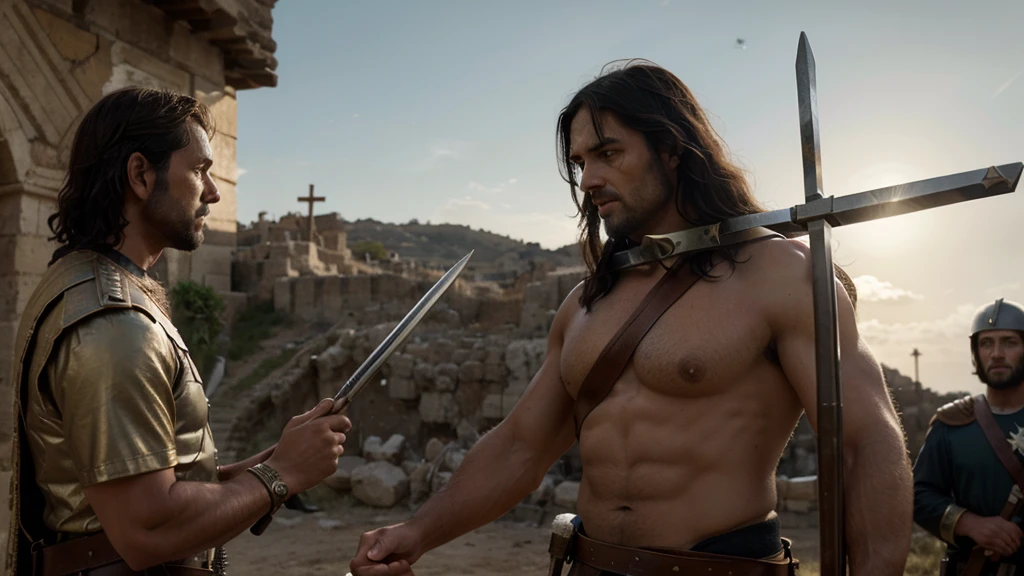 make an ultra realistic image size 16:9, cinematographic photo of this part of the story: Jesus on the cross and a Roman soldier below the cross with a spear and at the tip of the spear a sponge, and the soldier places this sponge on the tip of the spear in the mouth of Jesus