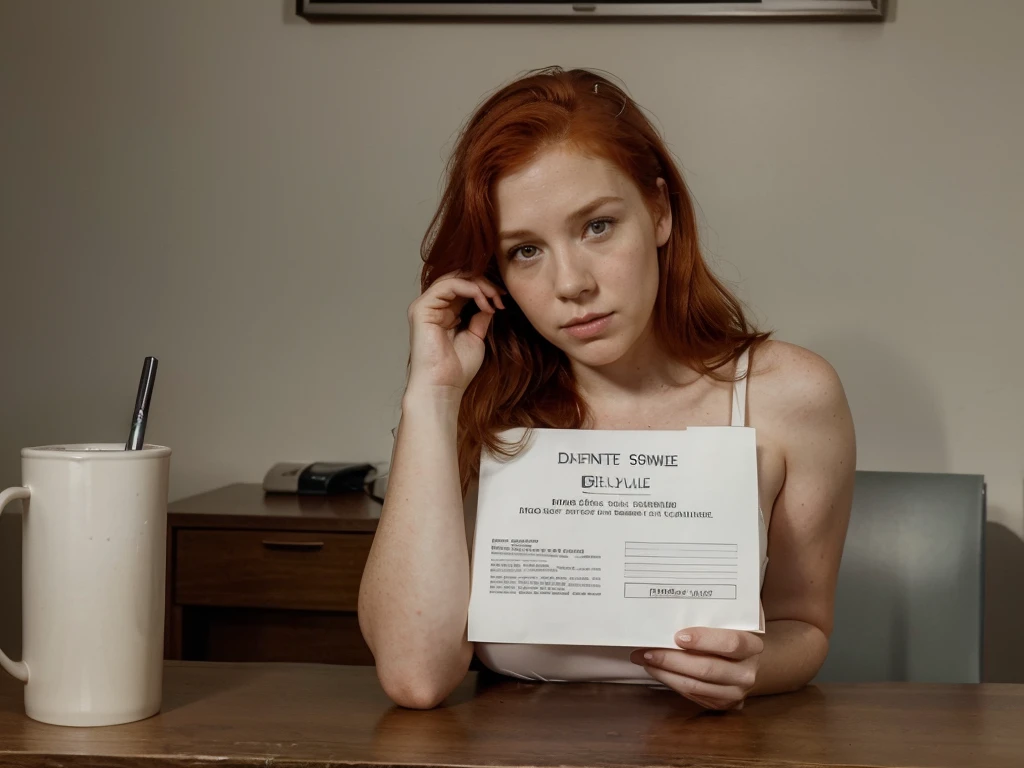 Document with text and photo, Official ID card, lo fi, redhead, secret file, text, paper margins, mugshot, on the desk, paper work on the desk, young voluptuous lili taylor, redhead, mugshot, b&w, light hair color, irish look