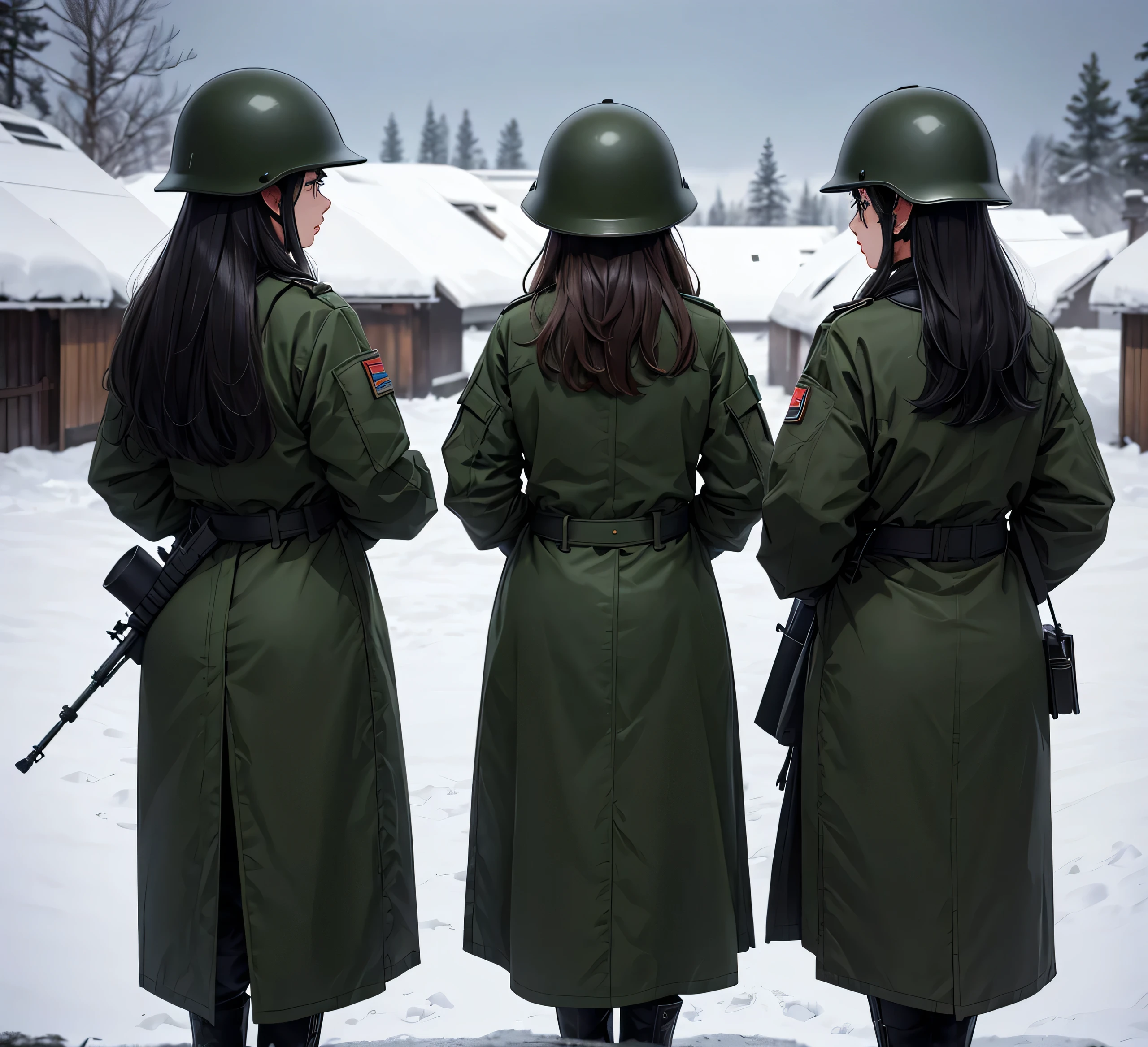 View from behind、Three female soldiers all wearing dark green thick coats、Wear a steel helmet、Standing side by side、Snowy military camp、masterpiece、best quality、Highly detailed CG、8K picture quality