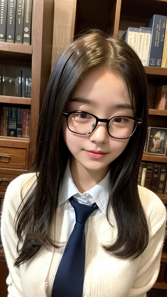 、cardigan、、White shirt、tie、The dark library、Surrounded by bookshelves、Library Committee Member、Glasseiddle school students、Big Breasts、Natural smile、Feeling embarrassed、Deep valley、Plain girl、13 years oldarrassed、Embarrassed、、Attractive breasts、delicate、Slender、Short height、sexy、Plain face、Glassesの13 years old、Outstandingボディーラインを強調している、Sober atmosphere、Erotic、13 years old