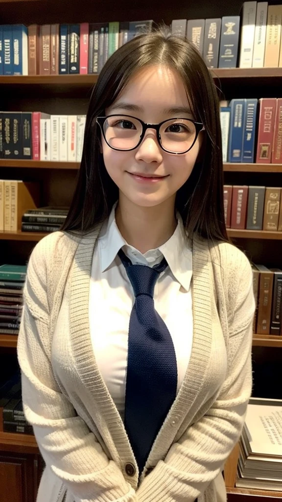 、cardigan、、White shirt、tie、The dark library、Surrounded by bookshelves、Library Committee Member、Glasseiddle school students、Big Breasts、Natural smile、Feeling embarrassed、Deep valley、Plain girl、13 years oldarrassed、Embarrassed、、Attractive breasts、delicate、Slender、Short height、sexy、Plain face、Glassesの13 years old、Outstanding style、sexyなボディーラインを強調している、Sober atmosphere、Erotic、13 years old