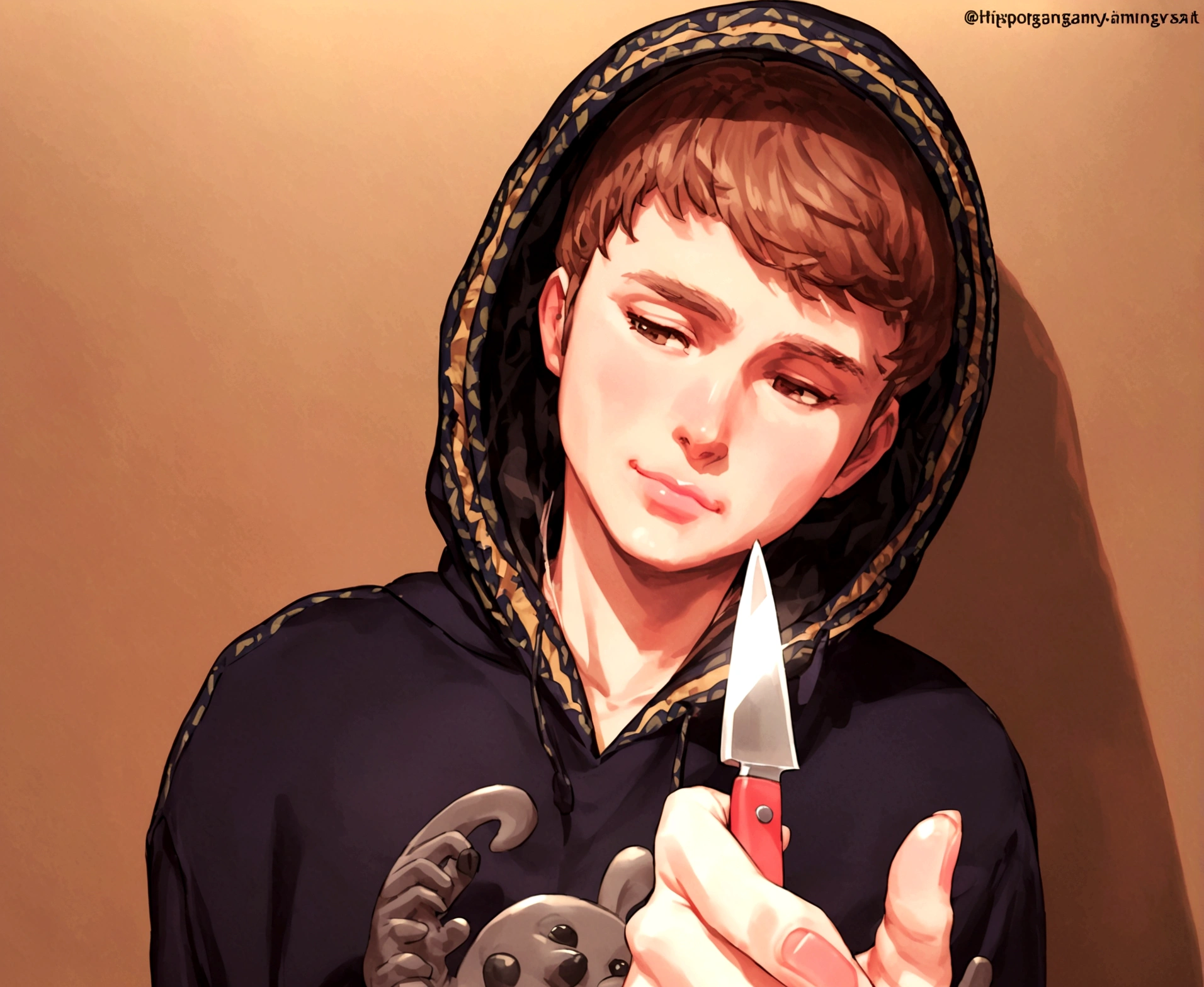 Holding a meat knife in his hand、Hooded Caucasian American figure